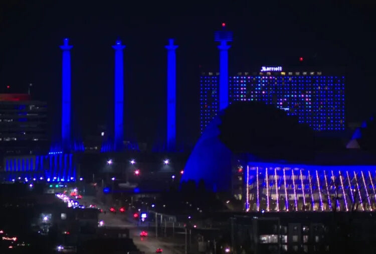 Downtown Kansas City lights up blue