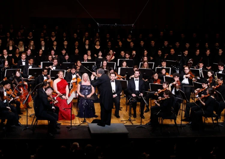 Gerard Schwarz led the Frost Symphony Orchestra and combined Frost School choirs in a performance of Beethoven's 9th Symphony at the Maurice Gusman Concert Hall. Photo by Gonzalo Mejia/Frost School of Music.
