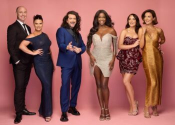 Judges: Brian Redmond (far left), Karen Byrne, Arthur Gourounlian, and Oti Mabuse; hosts Laura Fox and Jennifer Zamparelli. Photo: Barry McCall