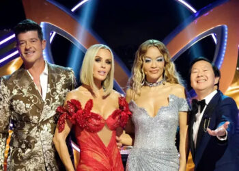 Robin Thicke, Jenny McCarthy-Wahlberg, Rita Ora and Ken Jeong in The Masked Singer Season 13 finale.