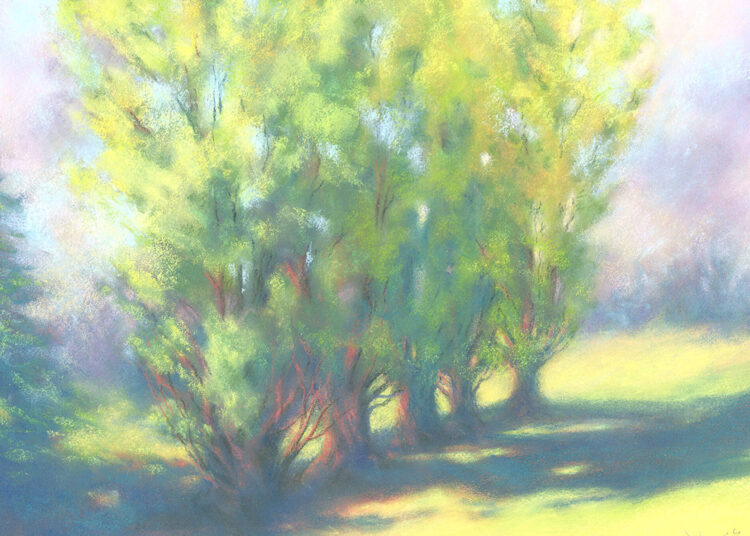 Long Shadows, a painting in pastels by Suzan Noyes, will be auctioned off to benefit the Olympic Peninsula Art Association during Fridays Art Walk in Sequim. Early bids can be placed at the A. Milligan Gallery.