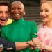 Wicked: For Good stars Jonathan Bailey, Cynthia Erivo, Ariana Grande laughing and hugging