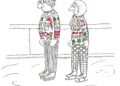 Two people wearing colorful Christmas sweaters and ice skating.