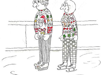 Two people wearing colorful Christmas sweaters and ice skating.