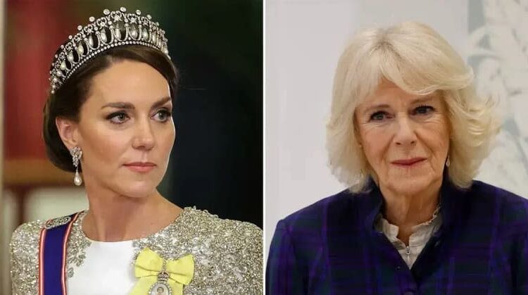 A giant tiara has 'sparked a furious new feud' between Queen Camilla and Princess Kate Middleton.MEGA