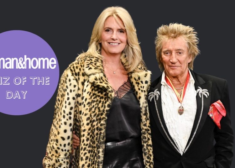 Rod Stewart and Penny Lancaster smile, beside a woman&home quiz of the day badge