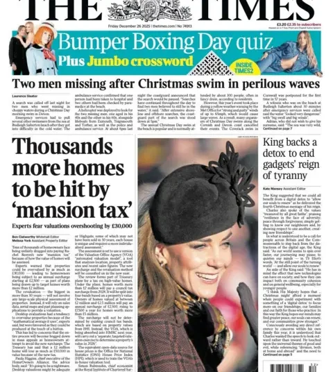 The maim Times headline is "Thousands more homes to be hit by 'mansion tax'"