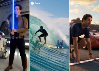 Three Sora-generated images featuring a guy with R2-D2, Lightning McQueen, and Stitch.