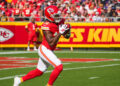 Sep 28, 2025; Kansas City, Missouri, USA; Kansas City Chiefs wide receiver Jalen Royals (11) returns a kick against the Baltimore Ravens during the game at GEHA Field at Arrowhead Stadium. Mandatory Credit: Denny Medley-Imagn Images