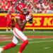 Sep 28, 2025; Kansas City, Missouri, USA; Kansas City Chiefs wide receiver Jalen Royals (11) returns a kick against the Baltimore Ravens during the game at GEHA Field at Arrowhead Stadium. Mandatory Credit: Denny Medley-Imagn Images