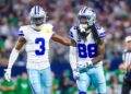 Nov 23, 2025; Arlington, Texas, USA; Dallas Cowboys wide receiver George Pickens (3) and Dallas Cowboys wide receiver CeeDee Lamb (88) react during the game against the Philadelphia Eagles at AT&T Stadium. Mandatory Credit: Kevin Jairaj-Imagn Images