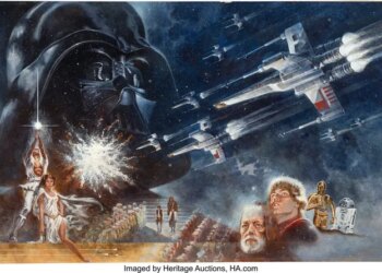 The painting that introduced "Star Wars” to the world nearly 50 years ago — and was reproduced in an iconic movie poster — sold at auction on Wednesday for $3.875 million. The acrylic and airbrush painting by the artist and movie poster designer Tom Jung first appeared in newspaper advertisements on May 13, 1977, a little less than two weeks before the space epic created by George Lucas opened. It also adorned billboards, magazine ads and theater programs. (Heritage Auctions via AP)