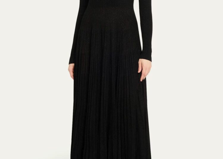 Rib-Knit Pleated Turtleneck Gown