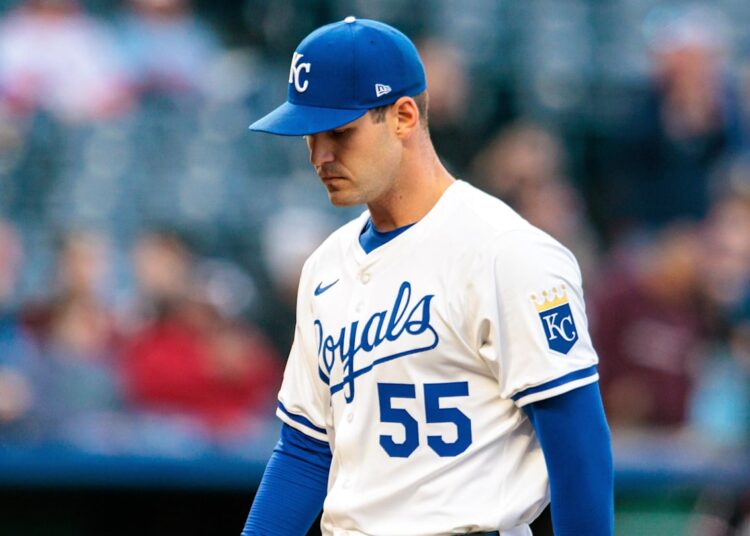 Apr 8, 2025; Kansas City, Missouri, USA; Kansas City Royals pitcher Cole Ragans (55) leaves the field after the second inning against the Minnesota Twins at Kauffman Stadium. Mandatory Credit: William Purnell-Imagn Images