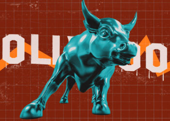 Wall Street bull in front of the Hollywood sign