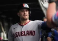 FILE - Cleveland Guardians' Lane Thomas (8) celebrates after hitting a solo home run during the second inning of a baseball game against the Chicago Cubs, July 2, 2025, in Chicago. (AP Photo/Erin Hooley, File)