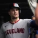 FILE - Cleveland Guardians' Lane Thomas (8) celebrates after hitting a solo home run during the second inning of a baseball game against the Chicago Cubs, July 2, 2025, in Chicago. (AP Photo/Erin Hooley, File)