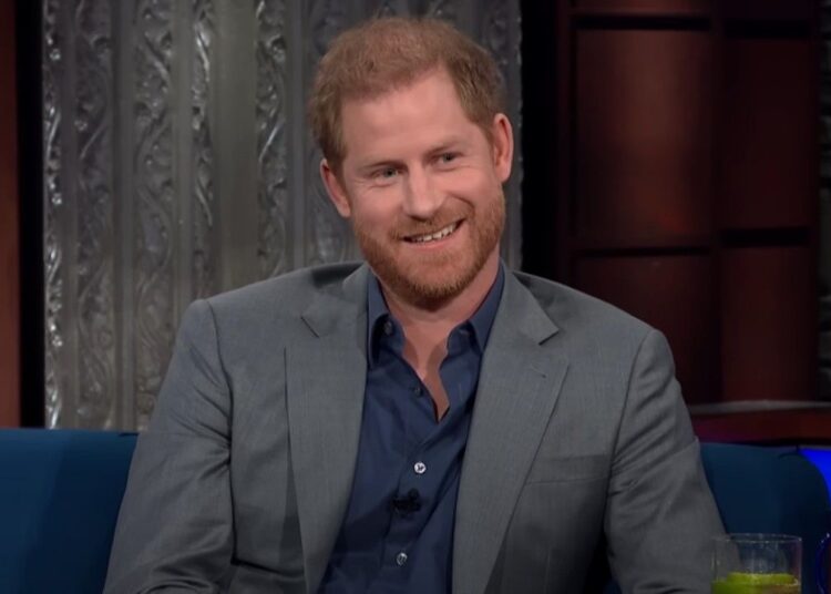 Prince Harry smiling on the Stephen Colbert's Show