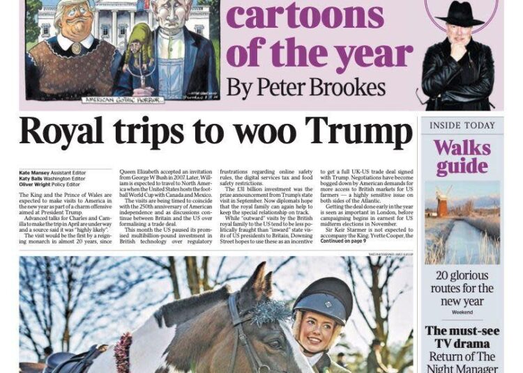 The headline on the front page of the Times reads: "Royal trips to woo Trump".