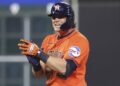 May 30, 2025; Houston, Texas, USA; Houston Astros center fielder Jake Meyers (6) reacts after hitting a double during the eighth inning against the Tampa Bay Rays at Daikin Park. Mandatory Credit: Troy Taormina-Imagn Images