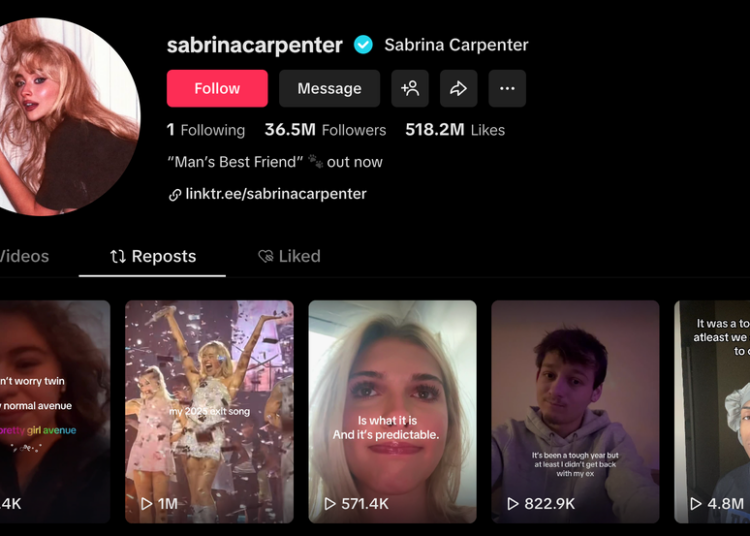 sabrina carpenter liking the two tiktoks about not getting back with ex