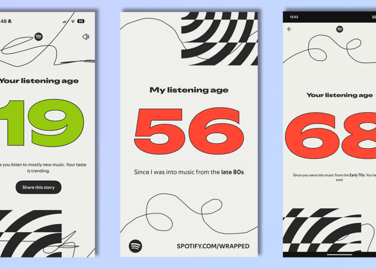 three screenshots from the spotify wrapped listening age