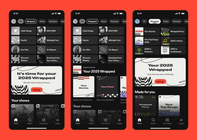 Three smartphone showing where you can find Wrapped 2025 in the Spotify app
