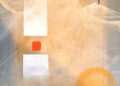 Staran Gold From Ruins. The cover presents an abstract landscape with muted beige, gray, and gold tones. Two white rectangular shapes and a small red square sit near the center, while circular forms hover around the edges. A lone, dark human figure stands atop a pale ridge in the upper right. The titles Gold From Ruins and Staran appear in white text.