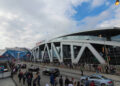 Atlanta, GA / USA - February 3, 2019: Superbowl 53 at Mercedez Benz Stadium and State Farm Arena in downtown Atlanta off Centennial Olympic Dr