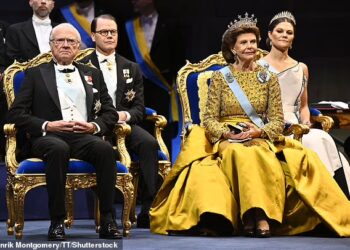 King Carl Gustaf, Prince Daniel, Queen Silvia and Crown Princess Victoria at the Nobel Prize ceremony at the Concert Hall in Stockholm