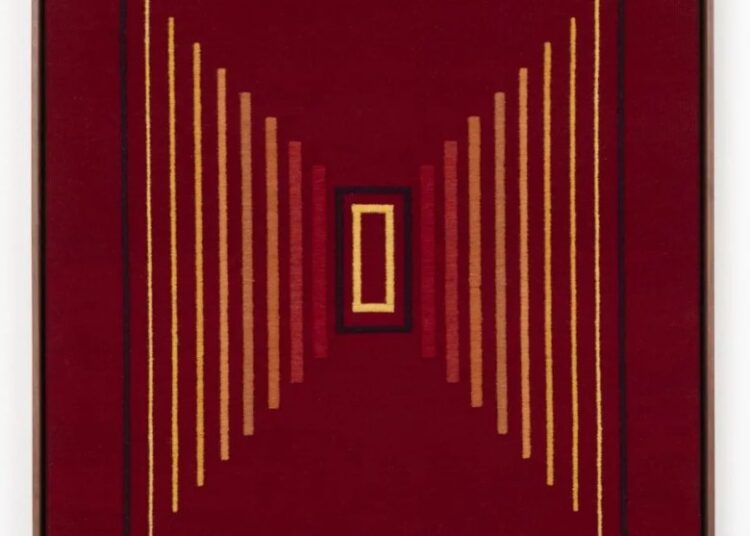 Geometric textile art in shades of deep red by Porfirio Gutiérrez.