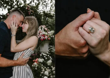 Taylor Swift and Travis Kelce embrace during an engagement photo, alongside a close-up of Taylor's engagement ring worn in 2025.