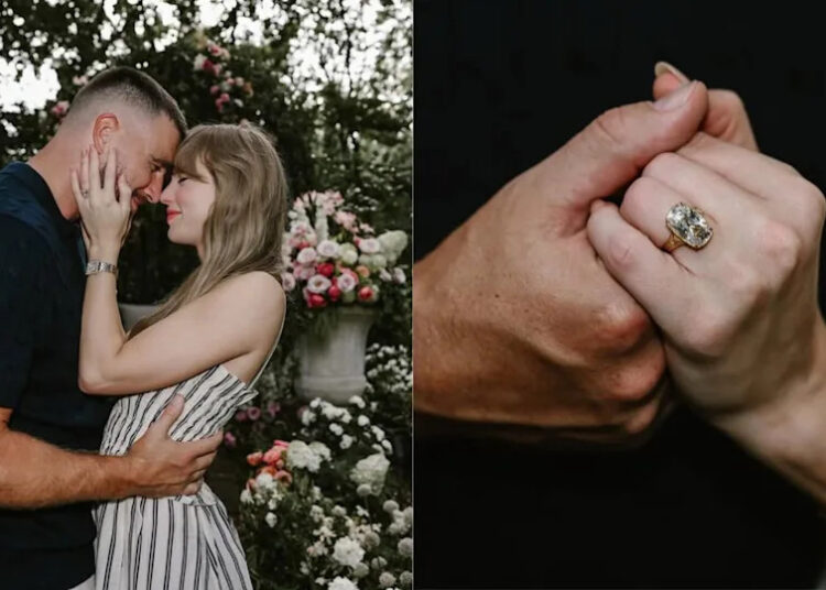 Taylor Swift and Travis Kelce embrace during an engagement photo, alongside a close-up of Taylor's engagement ring worn in 2025.