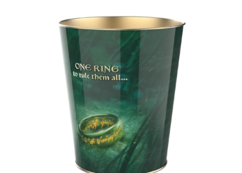 Popcorn buckets showing unique designs for the LOTR 25th anniversary theatrical rereleases.