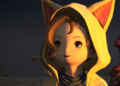 Krile, a lalafell pictomancer from Final Fantasy 14: Dawntrail, smiles happily while lit by a campfire.
