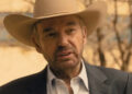 Tommy in cowboy hat talking to Cami outside in Landman finale.