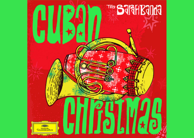Album cover with a red background, featuring a French horn wrapped in a red Christmas mitten. Text reads Cuban Christmas and The Skarbonea in bold, stylized letters.