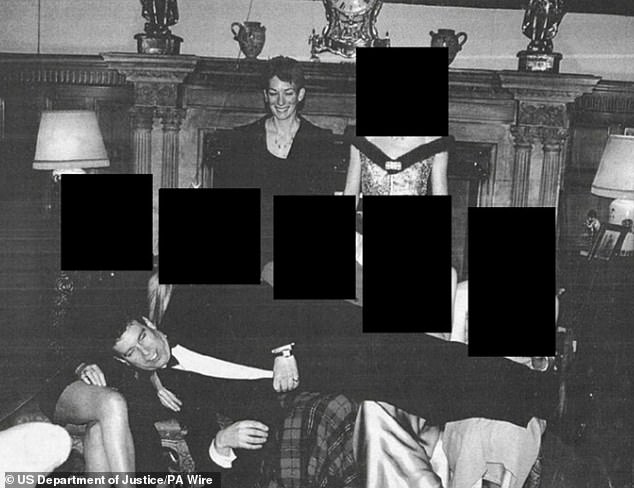 Andrew, who was stripped of his royal titles last month, is seen sprawling across the laps of five elegantly dressed women, while Ghislaine Maxwell lurks in the background