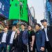 Webtoon Entertainment CEO Junkoo Kim, center, poses with webtoon artists and other participants during the company’s Nasdaq debut in New York, June 27, 2024 (local time). Yonhap