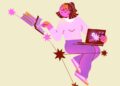 Illustration of a cancer person flipping through books
