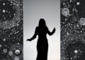 Collage of outer space and a black and white image of a woman's silhouette dancing at dusk