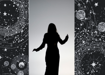 Collage of outer space and a black and white image of a woman's silhouette dancing at dusk