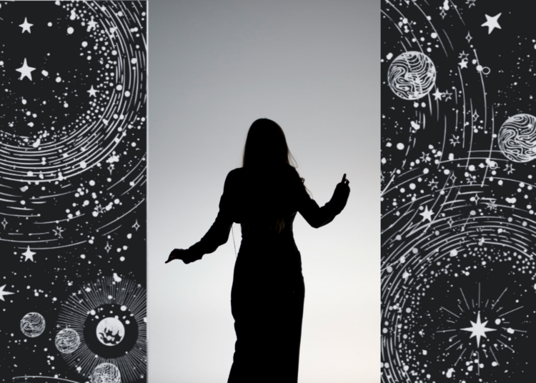Collage of outer space and a black and white image of a woman's silhouette dancing at dusk