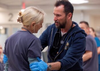Katherine LNnasa and Noah Wyle share a second in a first-season episode of "The Pitt." (Courtesy of Warner Bros. Discovery)