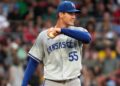 Kansas City Royals starting pitcher Cole Ragans (55) during the second inning. - The Boston Red Sox host the Kansas City Royals in a MLB game Friday, July 12, 2024 at Fenway Park in Boston, MA.