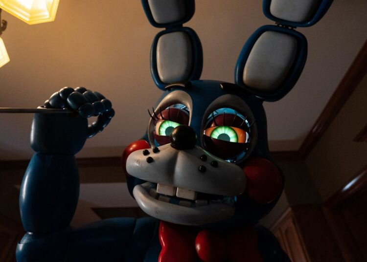 This image released by Universal Pictures shows Toy Bonnie, voiced by Matthew Patrick, in a scene from "Five Nights at Freddy's 2." (Ryan Green/Universal Pictures via AP)