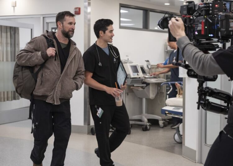 Noah Wyle as Robby and Ken Kirby as Shen behind the scenes of 'The Pitt' Season 2