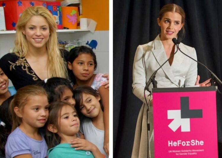 The image is split into two parts: on the left, a woman stands smiling with a group of young girls; on the right, another woman speaks at a podium with a pink sign reading "HeForShe" against a black background.