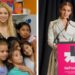 The image is split into two parts: on the left, a woman stands smiling with a group of young girls; on the right, another woman speaks at a podium with a pink sign reading "HeForShe" against a black background.