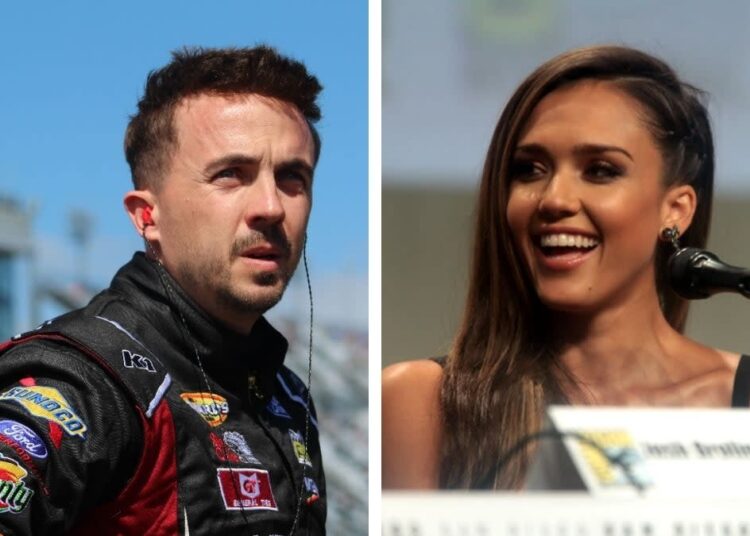 A split image showing a man in a racing suit with sponsor patches on the left, and a woman smiling behind a microphone at a panel event on the right.